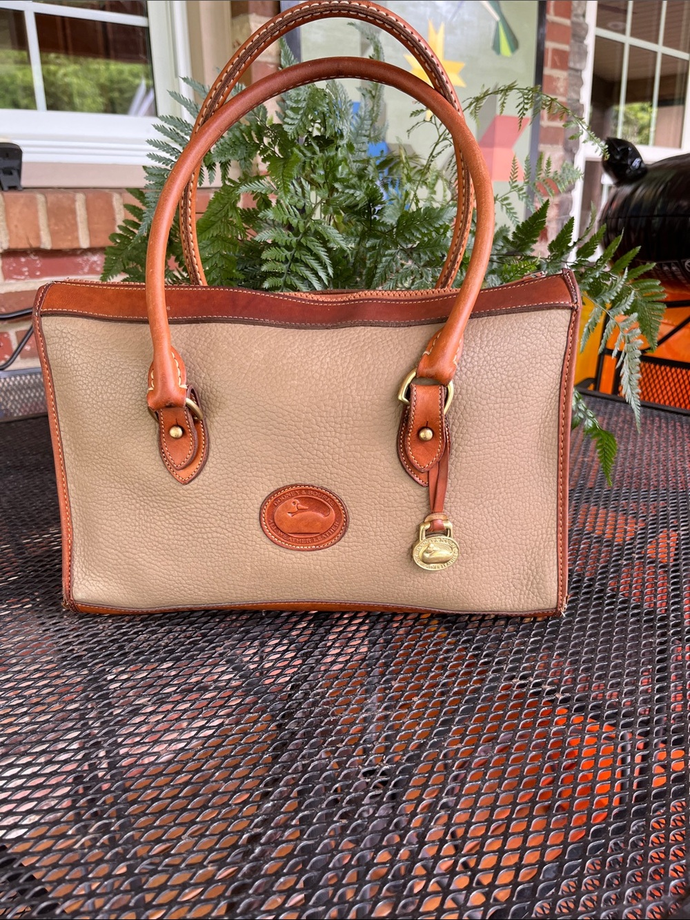 Dooney & Bourke Beige Pebble Leather Satchel with Brown Trim